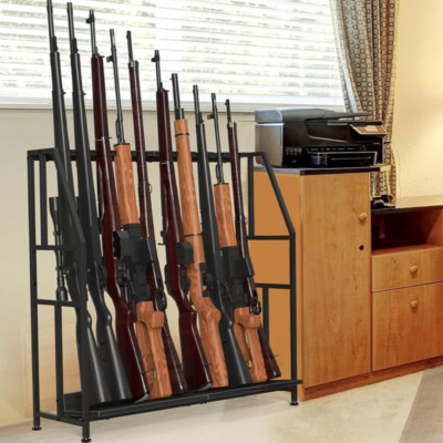 Rifle Gun Rack Floor Standing Shotgun Rack Heavy Duty Metal Frame Wooden 10 Guns