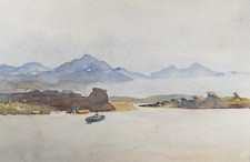 Original Watercolour, 'Coast with boats and figures', Circa 1950's , Hilda Burfo
