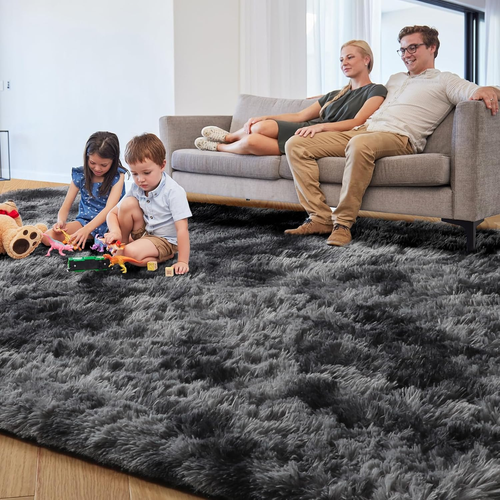 Plush Abstract Shaggy Area Rug 6x9 Feet - Soft Tie-Dyed Grey Fuzzy Carpet - Picture 2 of 6