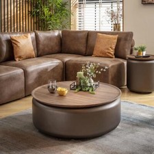 Large Modern Round Coffee Table Walnut Wood Brown Metal Drum 90cm