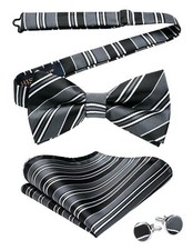 Black Grey Bow Ties for Men Pre Tied Striped Bow Tie Mens Silk Bowtie and Poc...