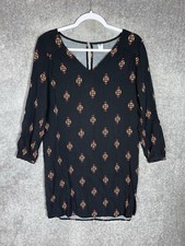 Old Navy Shift Dress Womens Sz Medium Black Geometric Long Sleeve V-Neck Keyhole