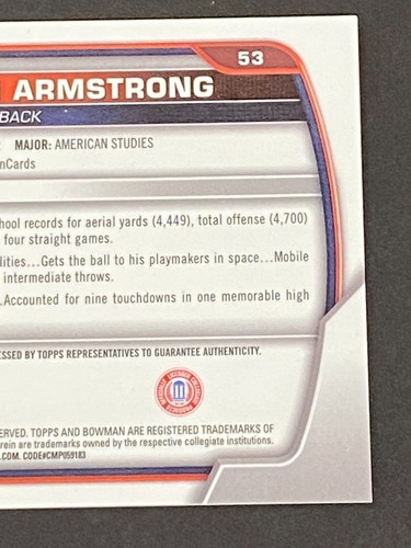 Brennan Armstrong 2022 Bowman Chrome University #53 Auto - Picture 9 of 10