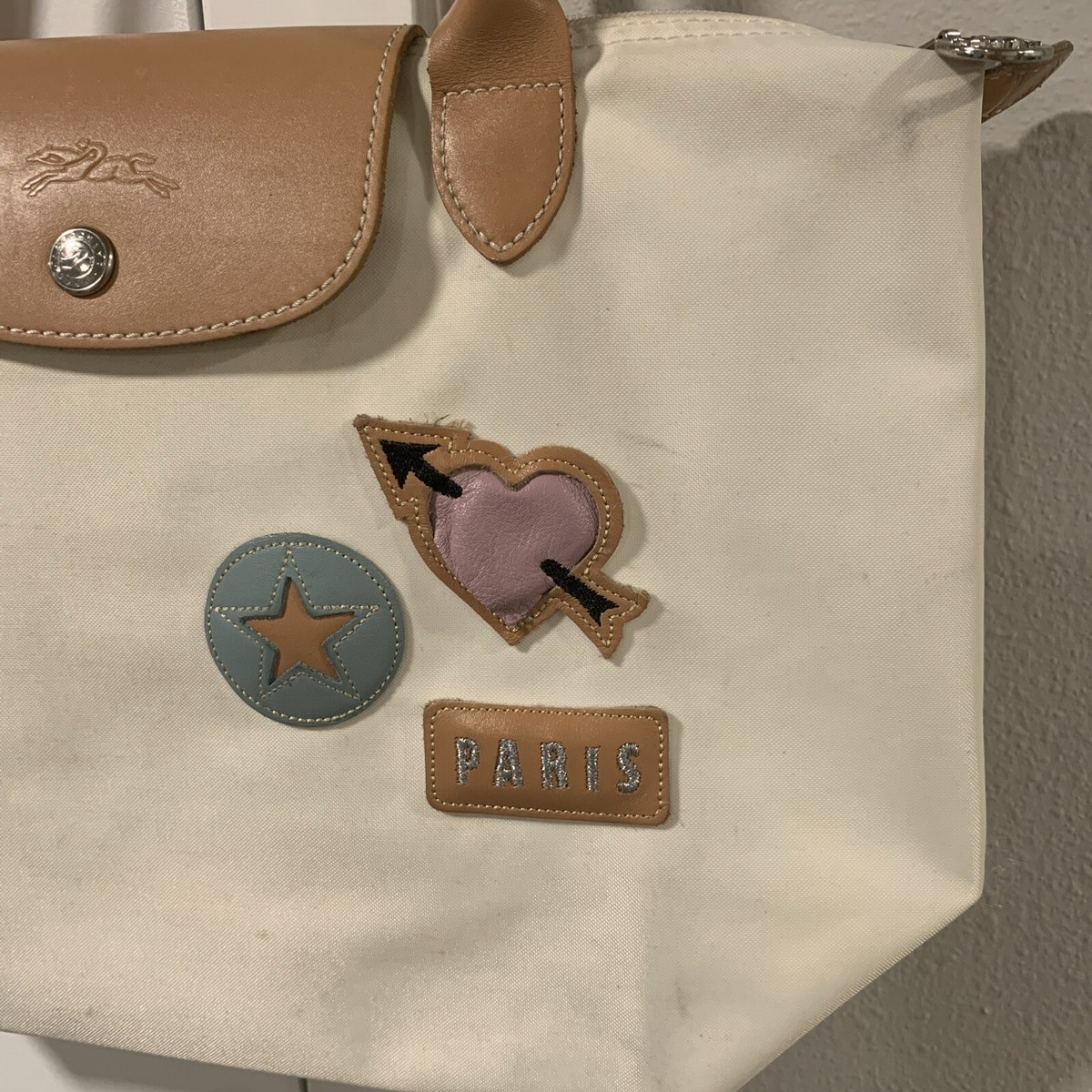 Longchamp Le Pliage Small Handbag Tote White Tan Leather Paris 