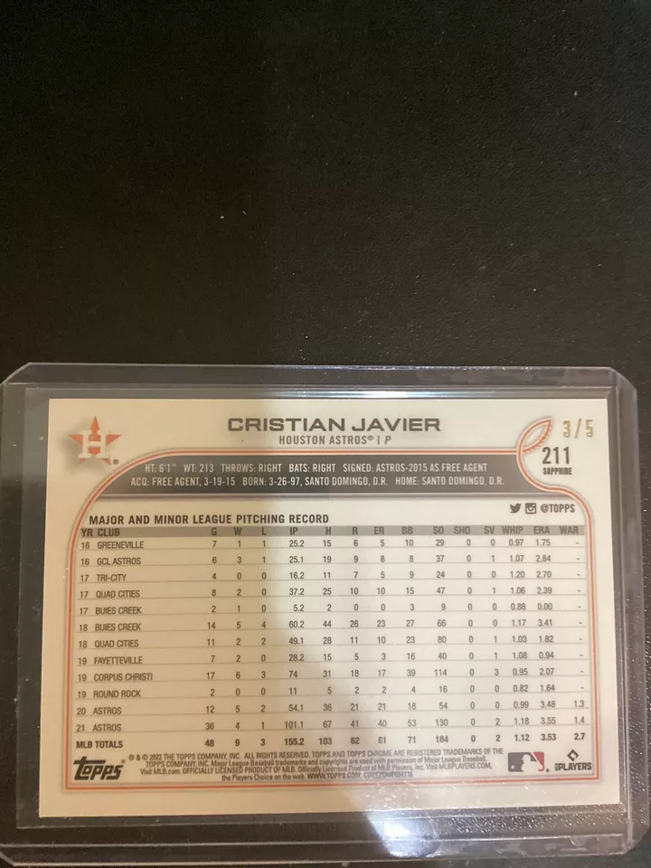 2022 Topps Chrome Sapphire - Cristian Javier Red 3/5 - Houston Astros - Image 2 of 2