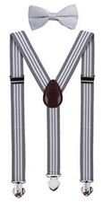 Men's Boys' Suspenders and Bow Tie Set 40": about 8-15 yrs Grey Stripe