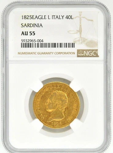 1825 Eagle L Italy 40 Lira Sardinia NGC AU 55 Gold Coin KM# 120.1 Vatican States