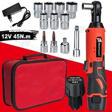 12V Electric Cordless Ratchet 3/8"Right Angle Wrench Impact Power Tool 2 Battery