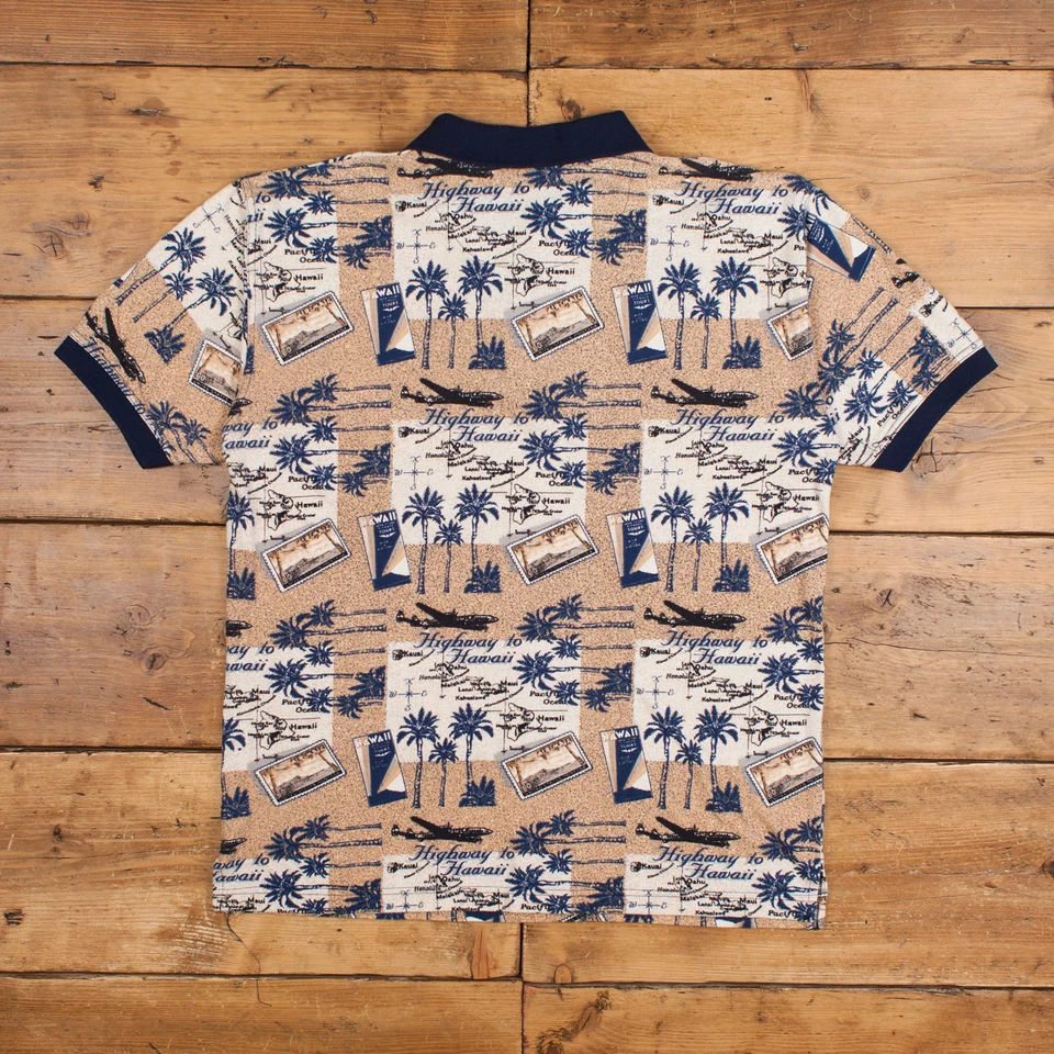 Camiseta Polo Vintage XL 90s Edición Natural Estampado Hawaiano Beige Camiseta Foto 2 de 4