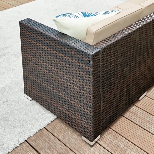 Set divano angolare in rattan da esterno tessuto a mano arredo patio con cuscini e tavolo - Foto 6 di 6