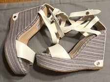 JIMMY CHOO White Leather Ankle Strap Wedge Heels Open Toe Sandals 39.5 - 9