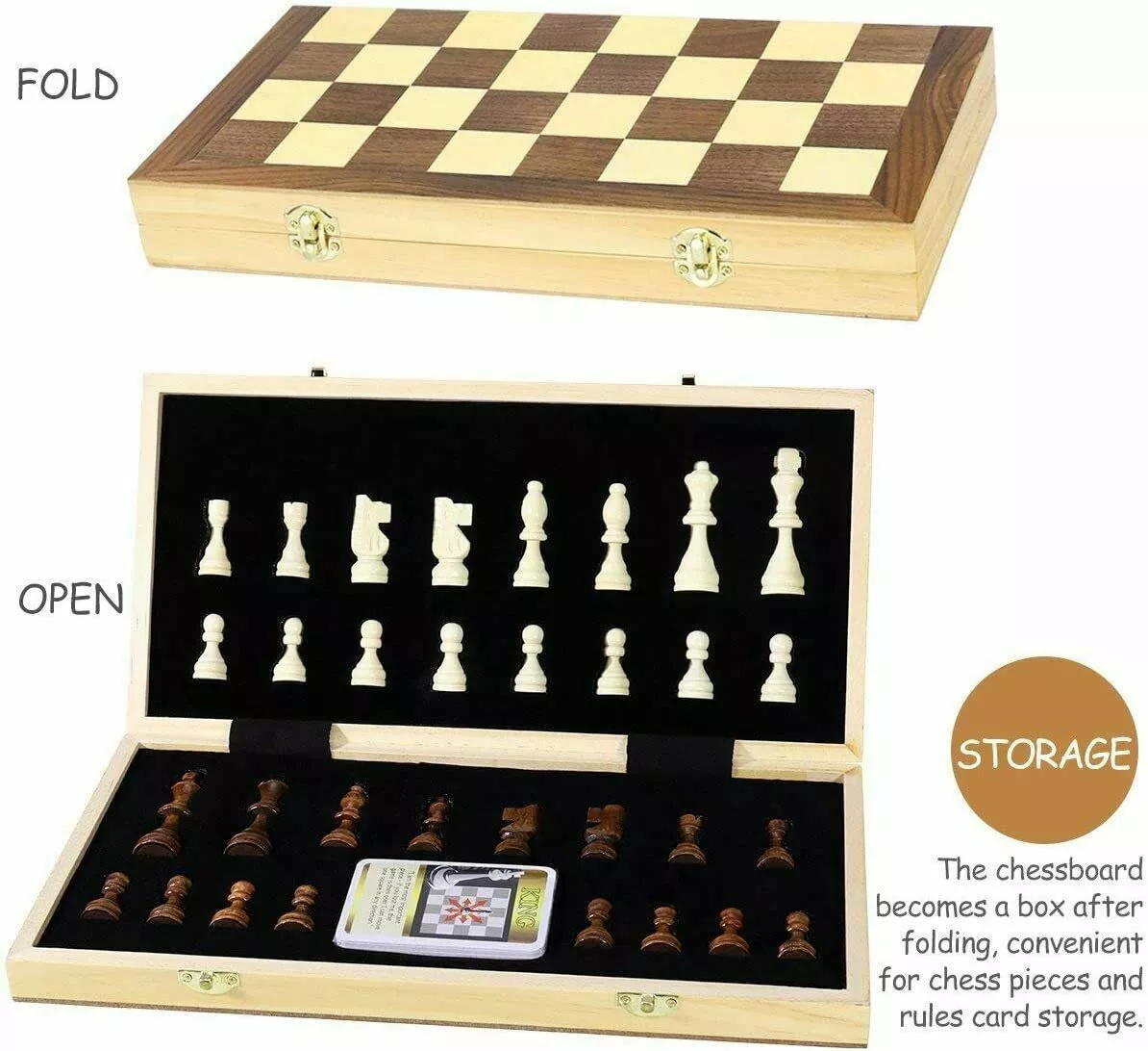 Folding Wooden Chess Set Rules Cards Storage Family Board Game for Adults  Kids