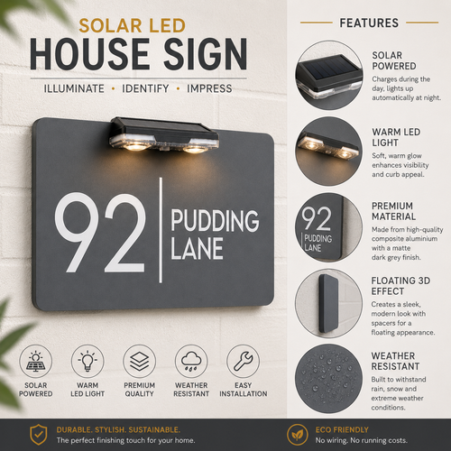 House Number Plaques Door Personalised House Signs Bright LED Solar 9 Light Mode - Picture 9 of 26