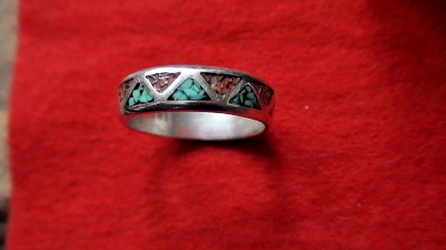 Sterling Silver Turquois/Coral Inlay  Zuni Band Sz 12.25 ***5.41 grams**
