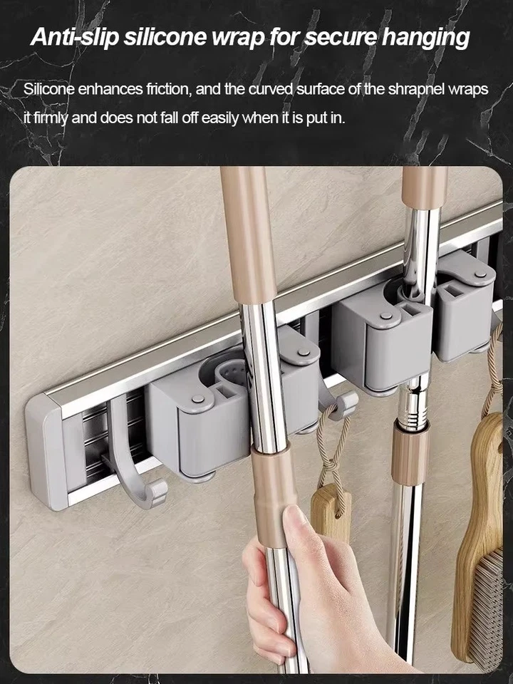 Organizador de fregona y escoba de aluminio premium soporte para fregona soporte para fregona montado en la pared Foto 2 de 4