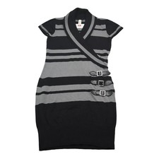 No Boundaries Dress Womens S Black Pinstriped Short Cap Sleeve Wrap Pencil Cut