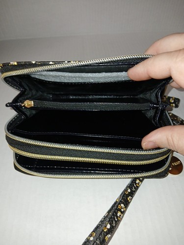 Steve Madden Geldbörse schwarz Blumen Logo Bar Kalbsleder doppelter Reißverschluss - Bild 5 von 7