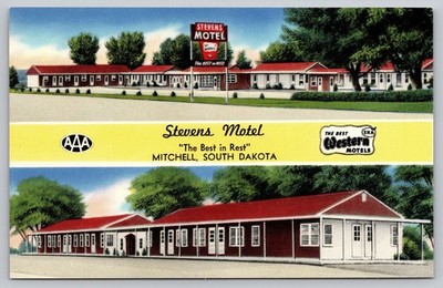 Mitchell SD Stevens Motel Corn Palace Chrome Postcard c1940s