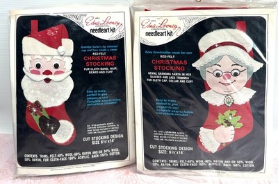 RARE Edna Looney Needleart Applique Felt Stocking Kits GRANDPA & GRANDMA SANTA