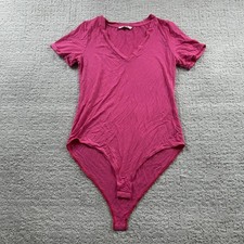 MANGOPOP Bodysuit Womens Large Pink V Neck Short Sleeve Stretch Jersey Snaps