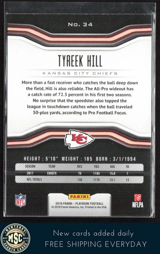 Tyreek Hill 2018 Panini Playbook #34 Kansas City Chiefs - Image 2 of 2