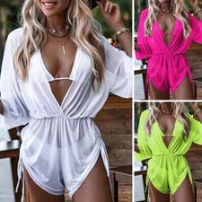 Womens 3 Piece Swimsuit W/Mesh Long Sleeve Cover Up Bikini Ruched Bathing Suits