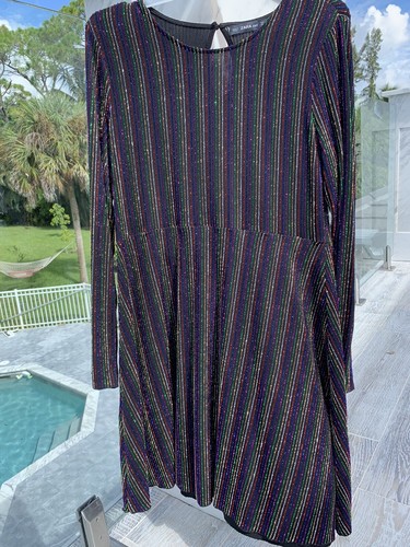 Zara Knit Shiny Lurex Striped Metallic Black Dress