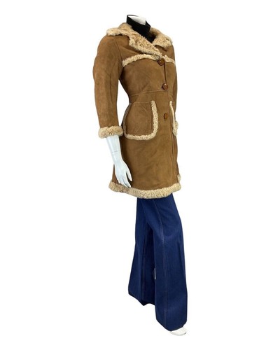 VINTAGE 60s 70s BROWN HONEY MOD SUEDE LEATHER SHEEPSKIN SHEARLING COAT 6 - Picture 5 of 6