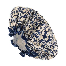 1pc Women Double Layer Flowers Shower Cap for Bathroom Vacation Travel Navy Blue