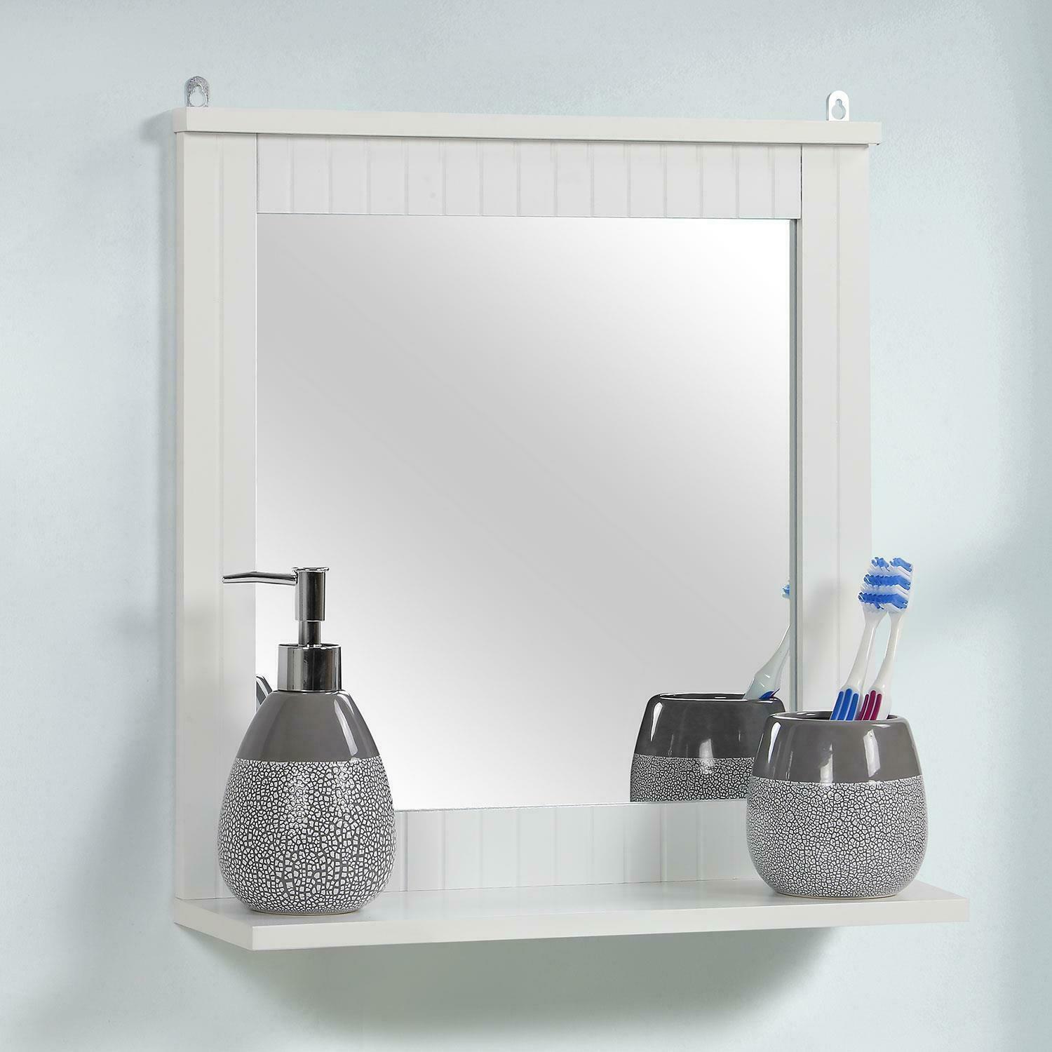 WHITE WOOD FRAMED WALL MOUNTED BATHROOM MIRROR W/ COSMETIC SHELF VANITY MIRROR