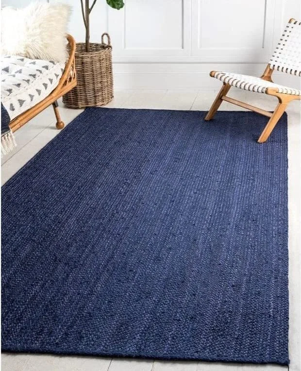 Jute Braided Modern Rug Blue Color Solid Style Rust Look Area Rug Square Carpet - Image 2 of 4