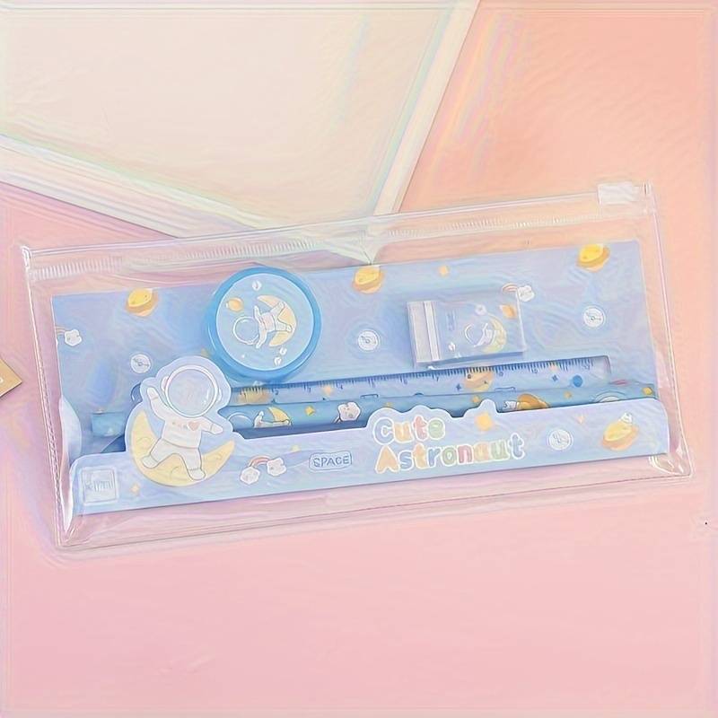 Juego de papelería temática de astronauta lindo azul de 5 piezas - con estuche transparente para lápices