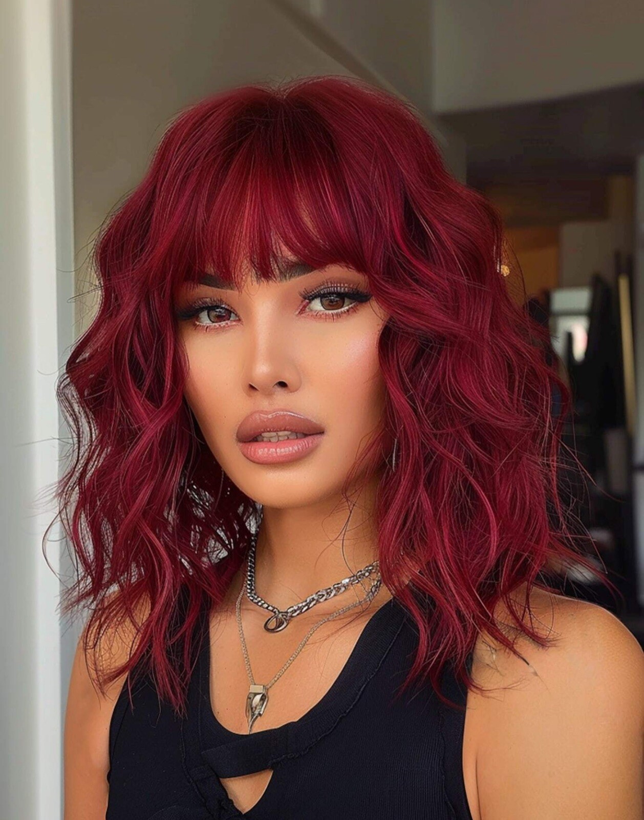 Perruque synthétique rouge foncé courte 35cm frange cheveux bouclés