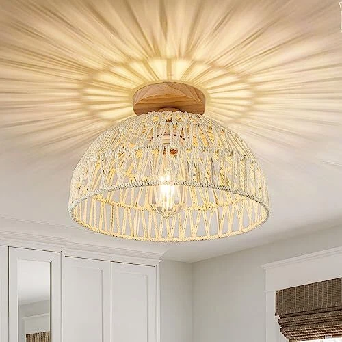 White Rattan Light Fixture Ceiling Boho Chandelier Rattan 12.5 Cream White
