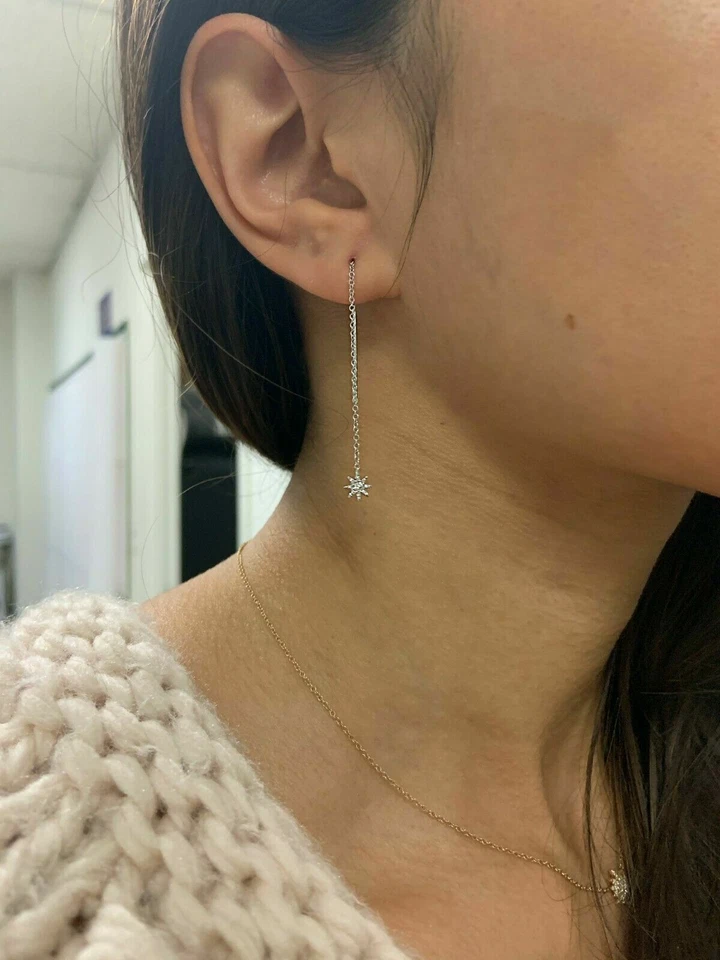 Diamond Threader Earrings Rose Gold 14K 0.10CT Round Cut Natural Drop Dangling - Image 2 of 4