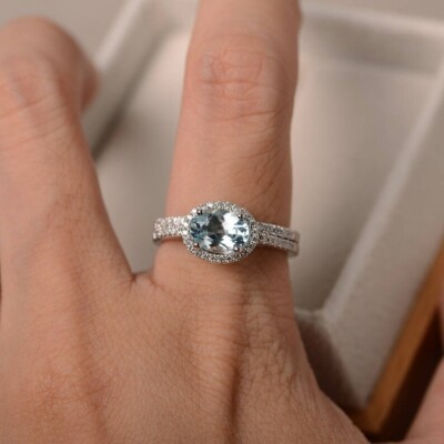 Natural Blue Aquamarine Oval Cut Promise Ring March Birthstone 925 Silver Rings