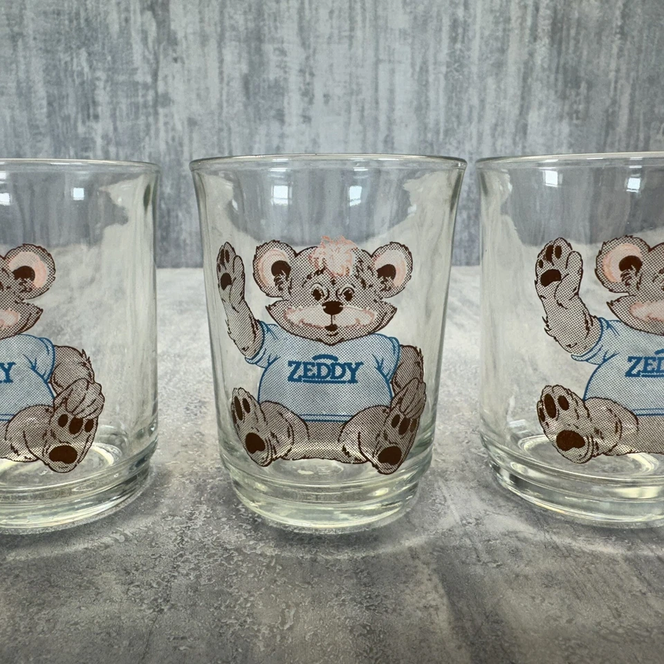 3 Vintage Zellers Zeddy Bear Small Drinking Glasses 100ml Juice Milk Kids Foto 3 de 4
