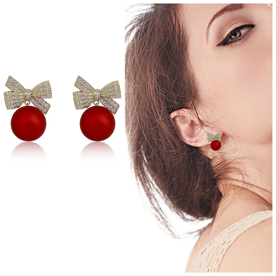 Fashion Earrings Simulated Red Pearl Bow Earrings Charm Girl Gold