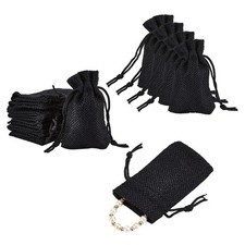 50pcs Linen Storage Pouches Drawstring Bags Rectangle Black 7.5 8x5.2x0.4cm