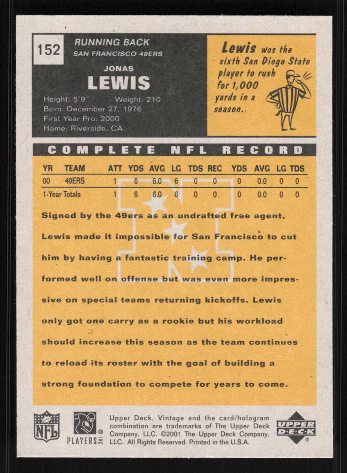2001 Upper Deck Vintage #152 Jonas Lewis Card TCCCX - Image 2 of 2