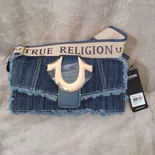 True Religion Denim Blue Shoulder Bag Fringe Logo Accent Adjustable Strap