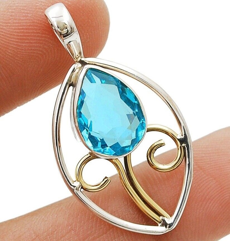 Two Tone Natural 3CT Flawless Blue Topaz 925 Sterling Silver Pendant @9-3