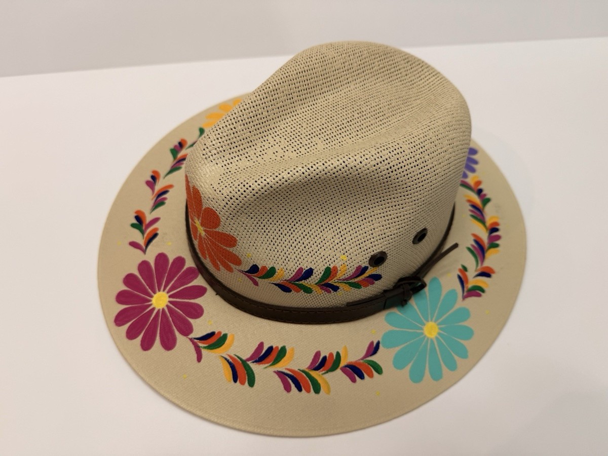 It’s a hand painted Stylish White and Tan Hat with Black Leaf Design Lightning Crown & Hand-Painted Palm Design A bold expression  main image 2