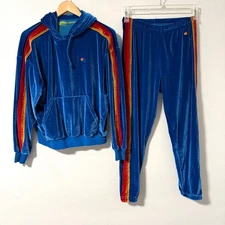 Aviator Nation Blue Velvet Rainbow Stripe Hoodie Jogger Set XS Velour Tracksuit