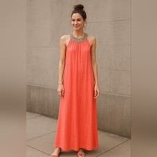 120% Lino Maxi Dress Linen Coral Beaded Neck size 42 (Small)