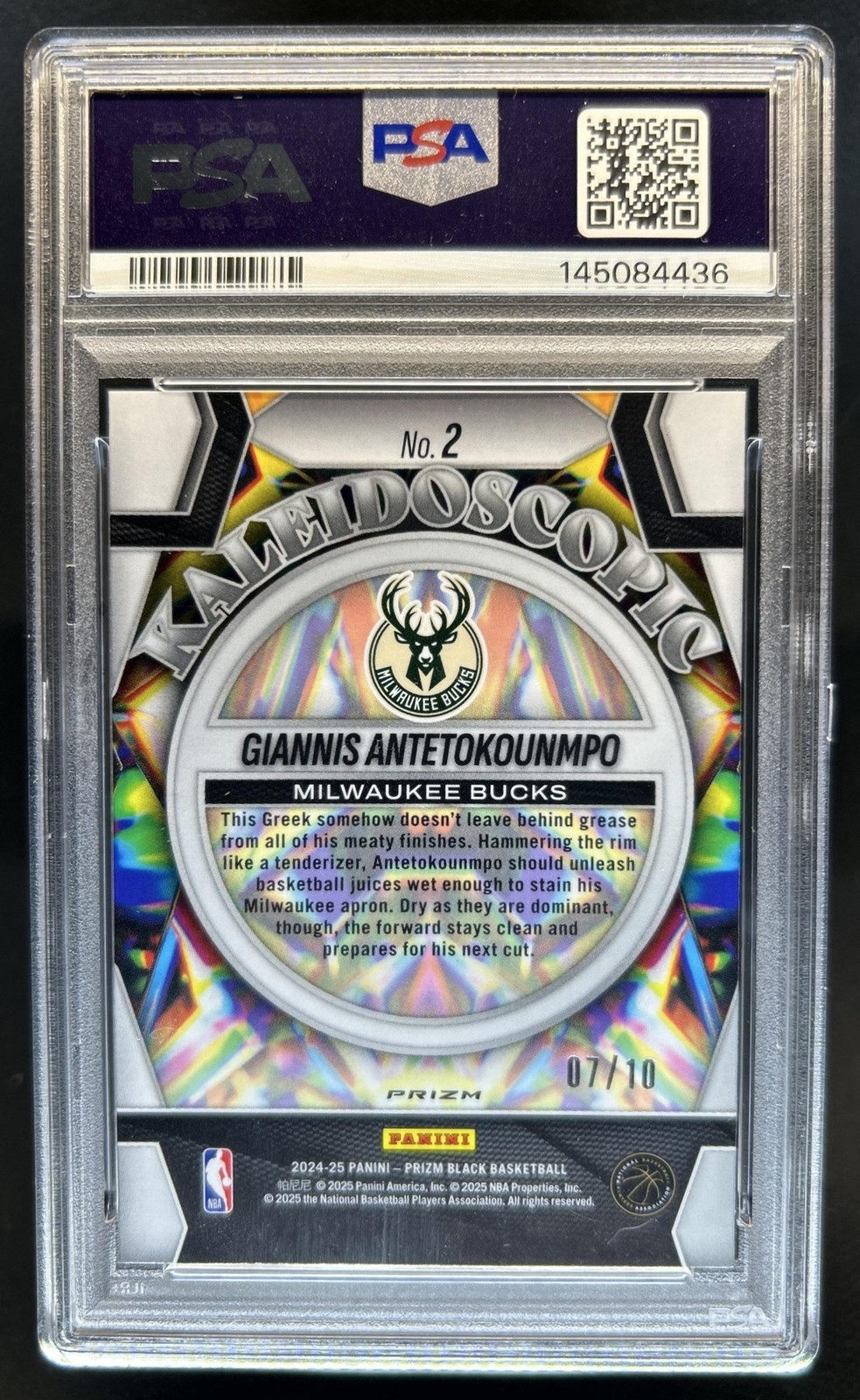 2024-25 Prizm Black Giannis Antetokounmpo Kaleidoscopic Gold Prizm #/10 PSA 10 view 2