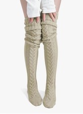 Women's Thick Cable Knit Khaki Thigh High Socks Over Knee Winter Size 8-11 NWOT