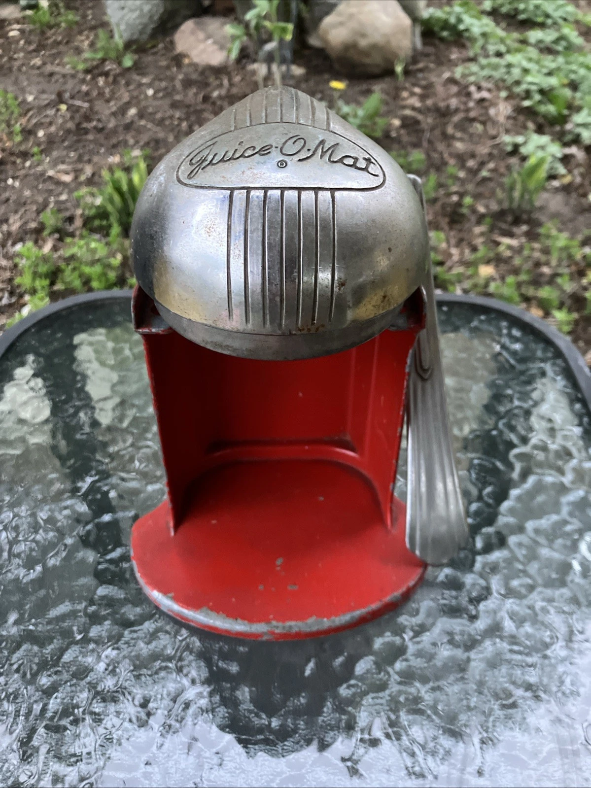 VINTAGE Rival Art Deco Orange Juice-O-Mat Juicer Chrome & Red Enamel Mid Century