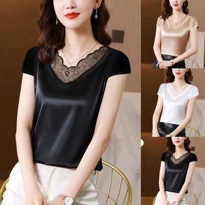 Simple Elegance Damen Satin-Style T-Shirt Kurzarm Spitze V-Ausschnitt Daily Top