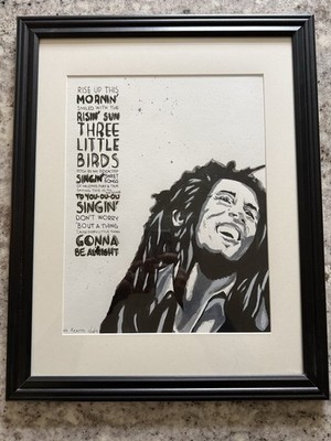 Unique Handmade Black & White Bob Marley Three Little Birds Framed Portrait